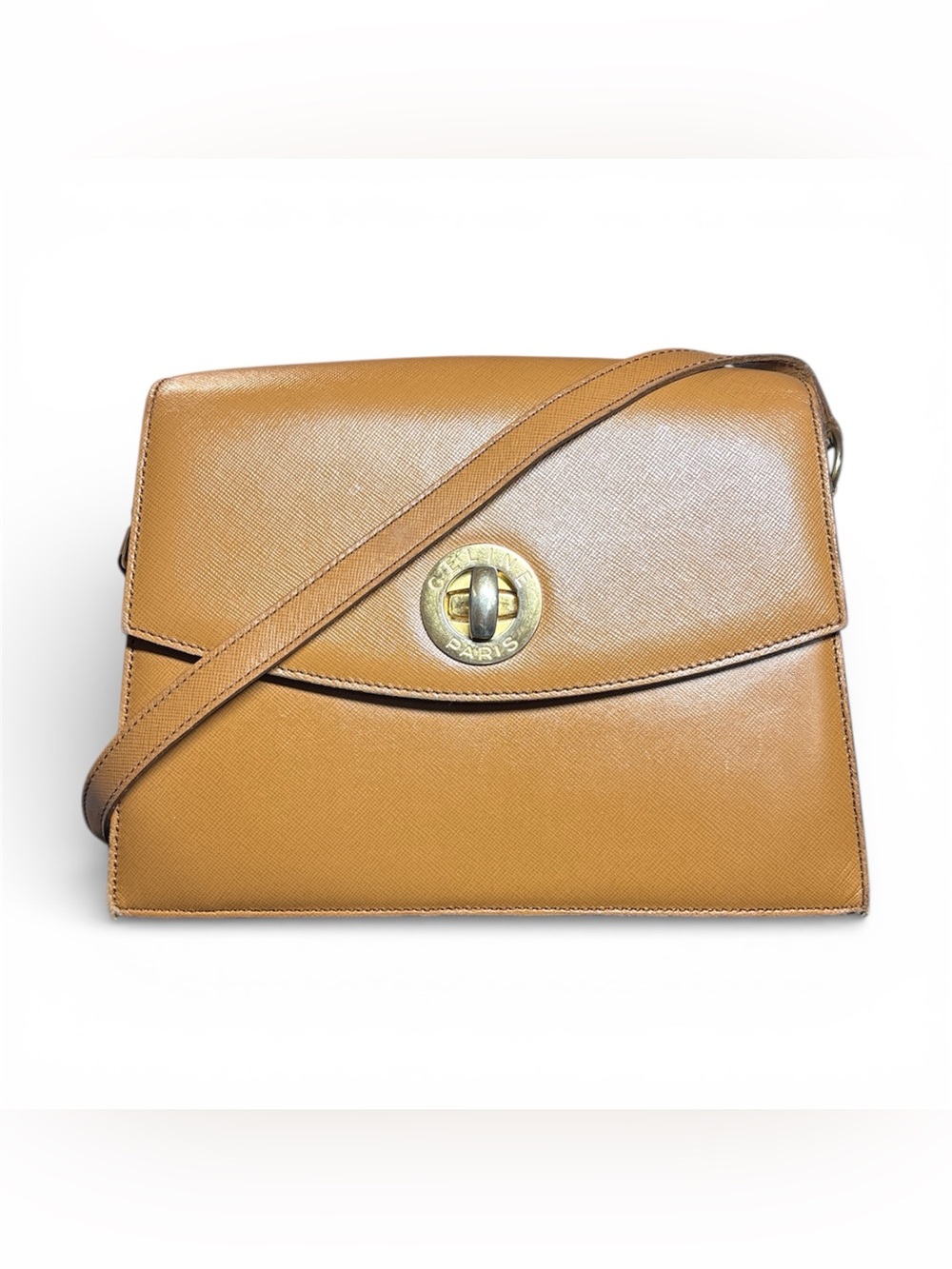 Celine Vintage Camel Saffiano Leather Accordion Crossbody Shoulder Bag